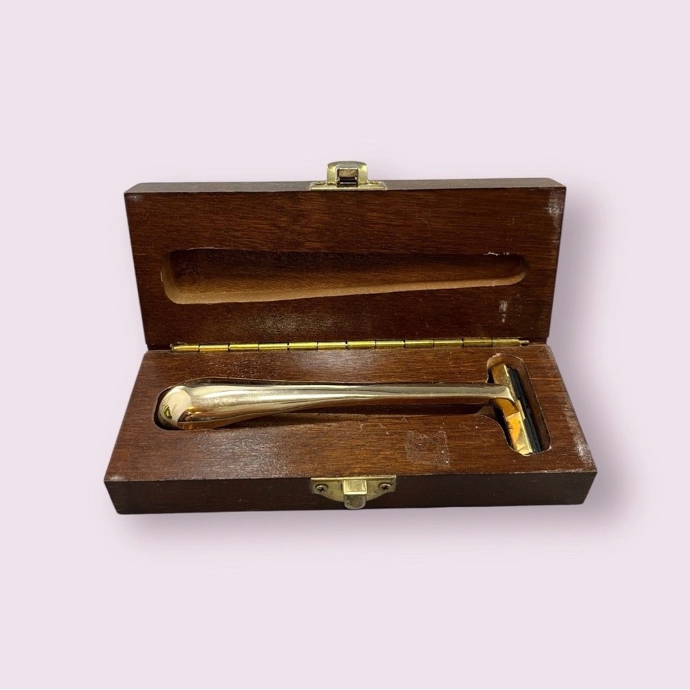 Vintage Crabtree & Evelyn London Gold Tone Razor Wood Box Case W Blade